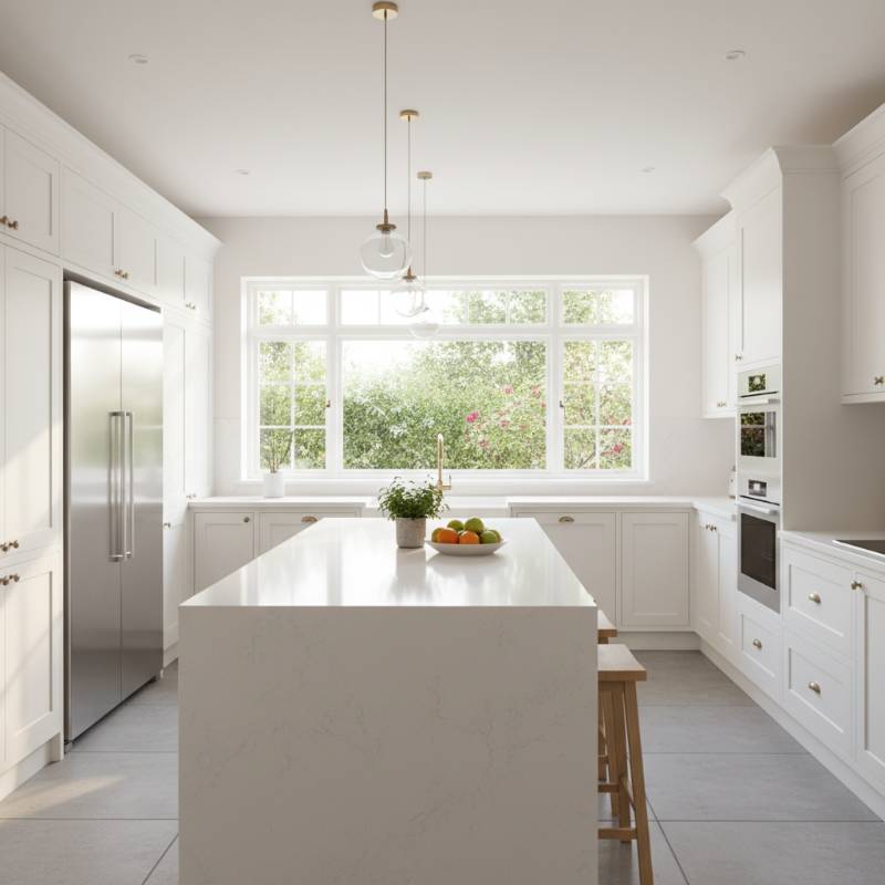 A bright, modern kitchen with white cabinetry and a large central island bathed in natural sunlight from a large window.